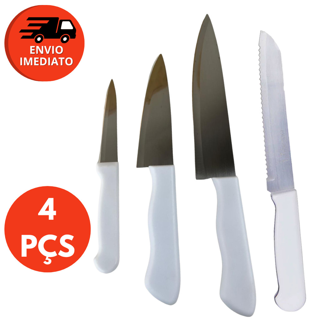 Kit 04 Pç: Faca Para Pão Serrilhada + Jogo 3 Facas Aço Inox Cabo Branco Conjunto Cozinha Restaurante