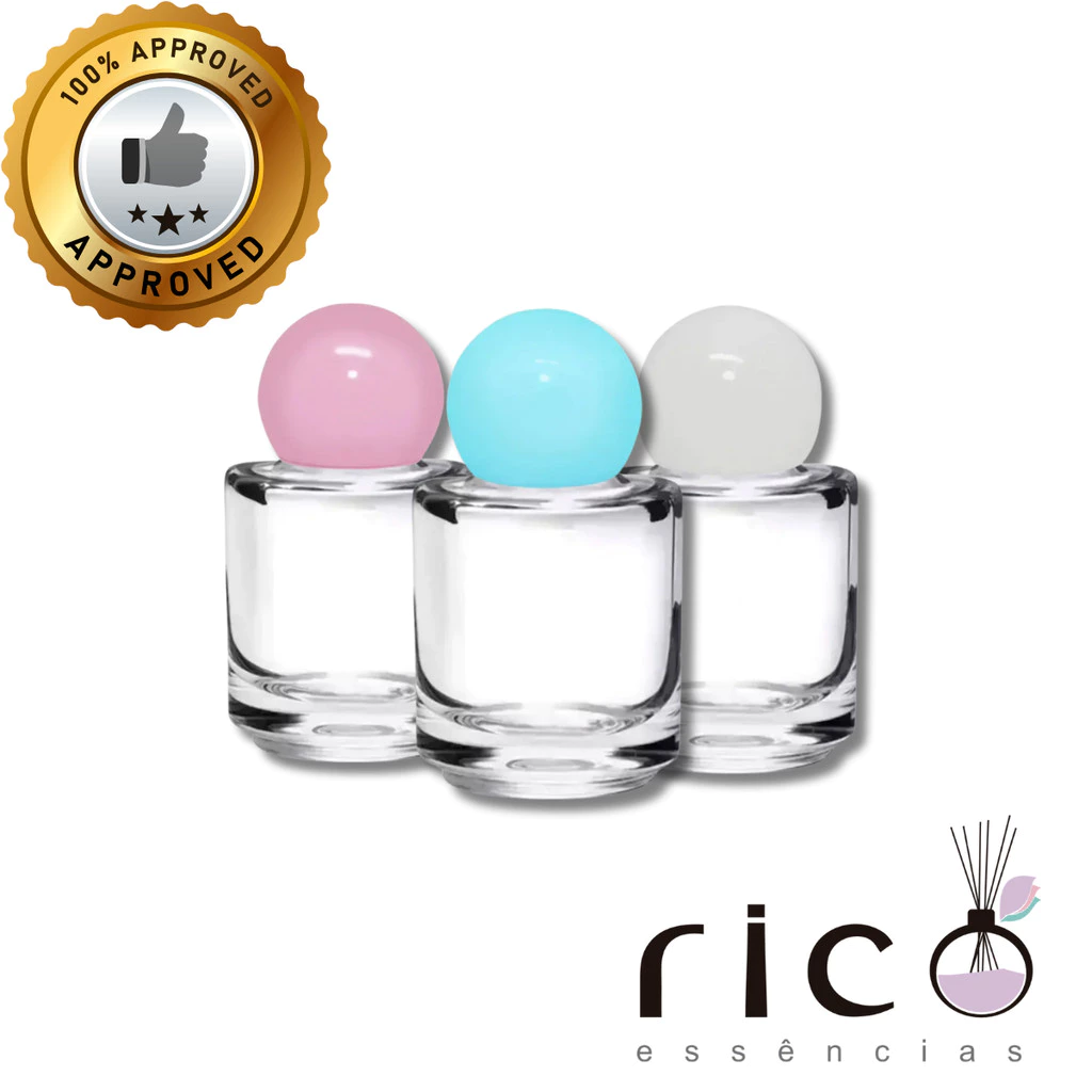 Kit Frasco Vidro 05ml Mini Cilíndrico Tampa Bola Rosa Azul e Branco Estriado