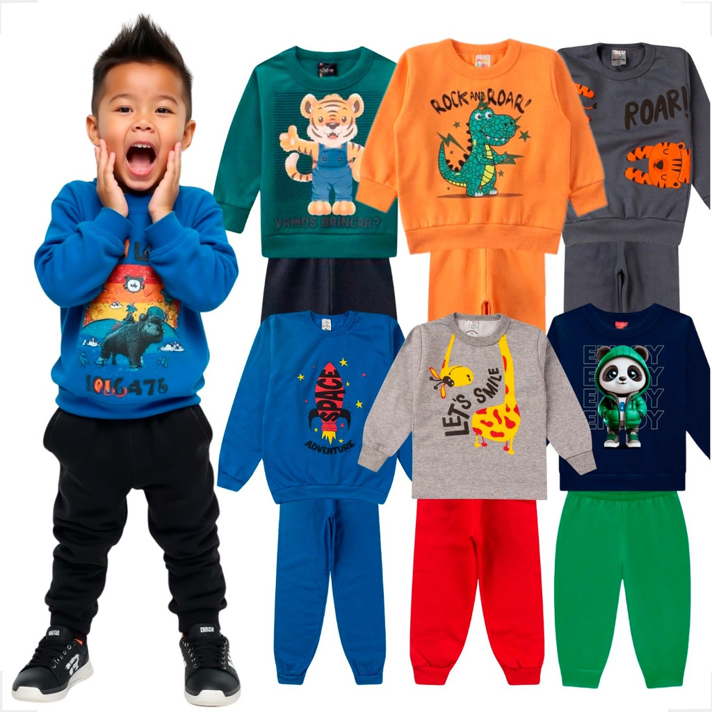 Kit 4 Peças Conjunto Moletom Infantil Menino 1 ao 8 Masculino Inverno Manga Longa Sortidos Lote 2 Conjuntos