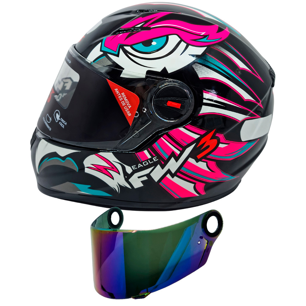 Capacete Fw3 X GTN Eagle Rosa com Azul + Viseira Camaleão Fw3 em Oferta na Shopee