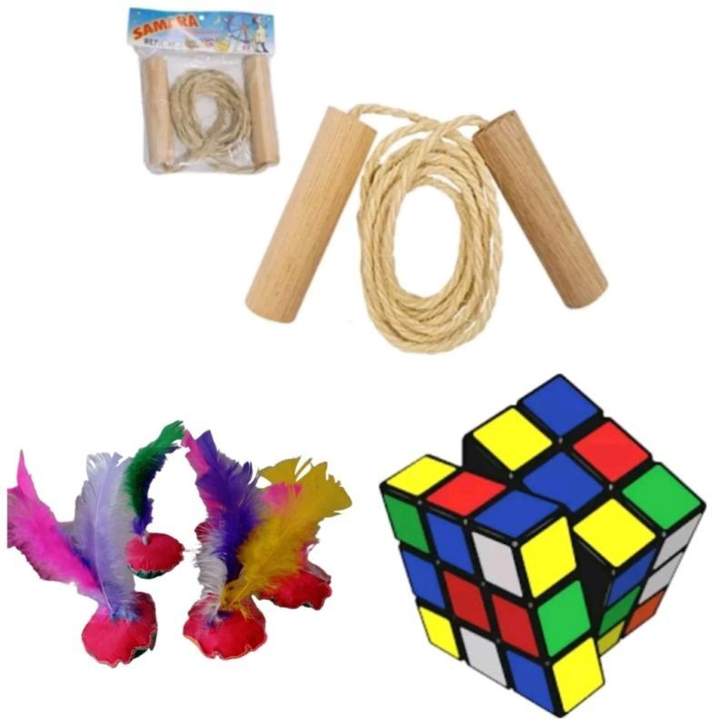 KIT 3 BRINQUEDOS SENDO 1 CUBO MAGICO 5 CM PUZZLE BRINQUEDO + 1 Pula Corda CABO DE MADEIRA + 1 PETECA BRINQUEDO