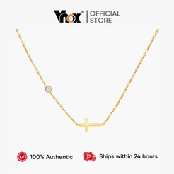 Vnox Zircon Cubic Cross Birthstone Link Chain Colar Para Mulheres , Ouro Aço Inoxidável Delicado Oração De Corrente Cris