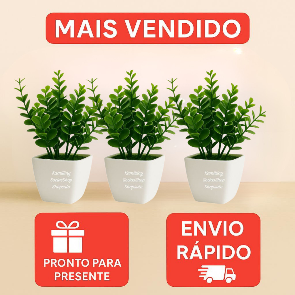 Vaso com Ramo de Eucalipto Artificial Buchinho + Vasinho quadrado de musgo Branco Decoração Enfeite para casa 