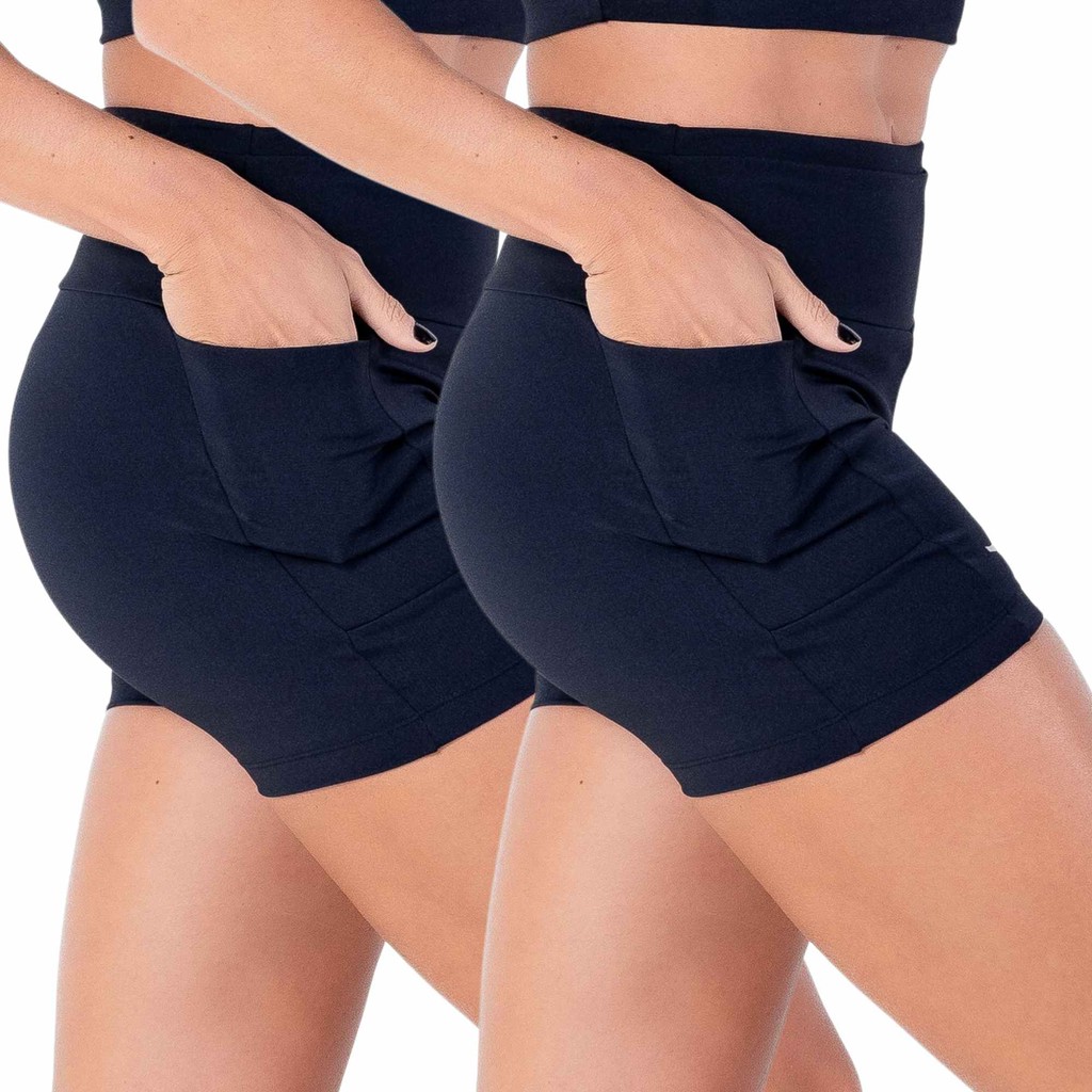 kit 02 Short Feminino Indrills de compressão c/ quatro Bolsos Para Corrida Caminhada Academia Wear Preto