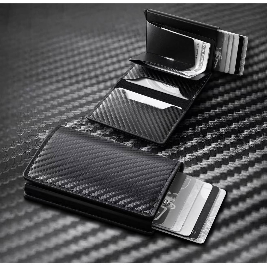 Carteira Ejetora Automática Slim Fibra De Carbono couro Anti Furto Proteção Cartões RFID
