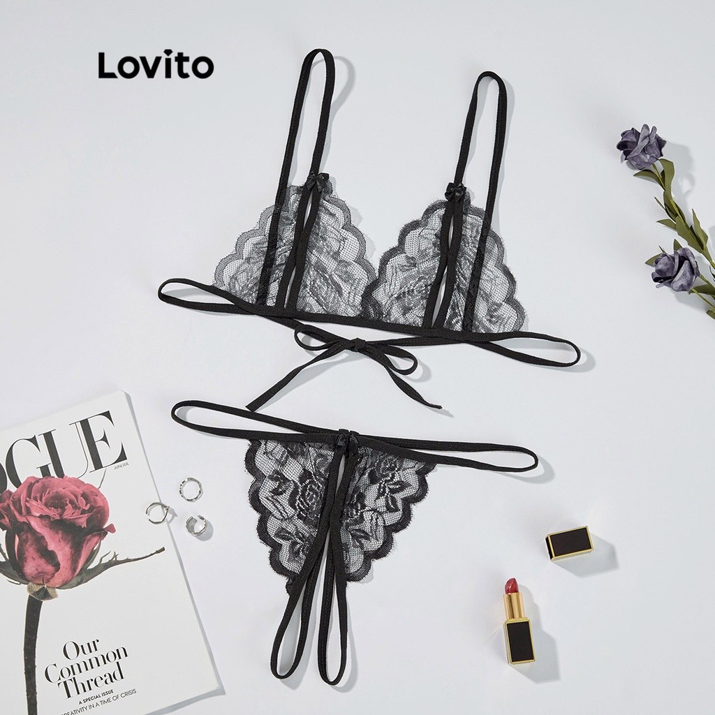 Lovito Conjuntos De Lingerie Sexy Com Cadarço Para Mulheres L12084 (Preto/Branco) - Women Clothes