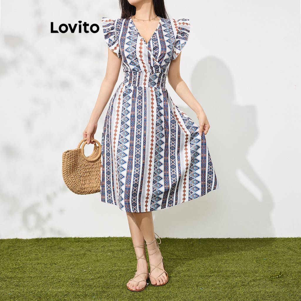 Lovito Vestido Casual Vestido Com Babados Geométricos Para Mulheres L109MD849 - Women Clothes