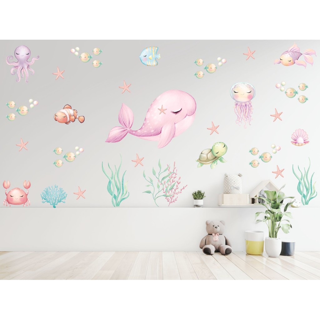 Adesivo Parede Baleia Rosa e Frutos do Mar Vida Marinha Papel de Parede Infantil Individual ou KIT em Oferta na Shopee