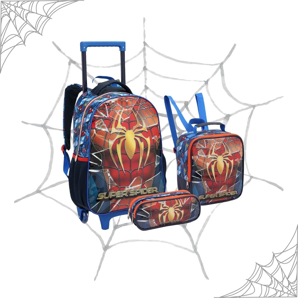 Kit Mochila Rodinha Menino Homem Aranha Escolar Infantil Lancheira Estojo Conjunto Efeitos Metálicos