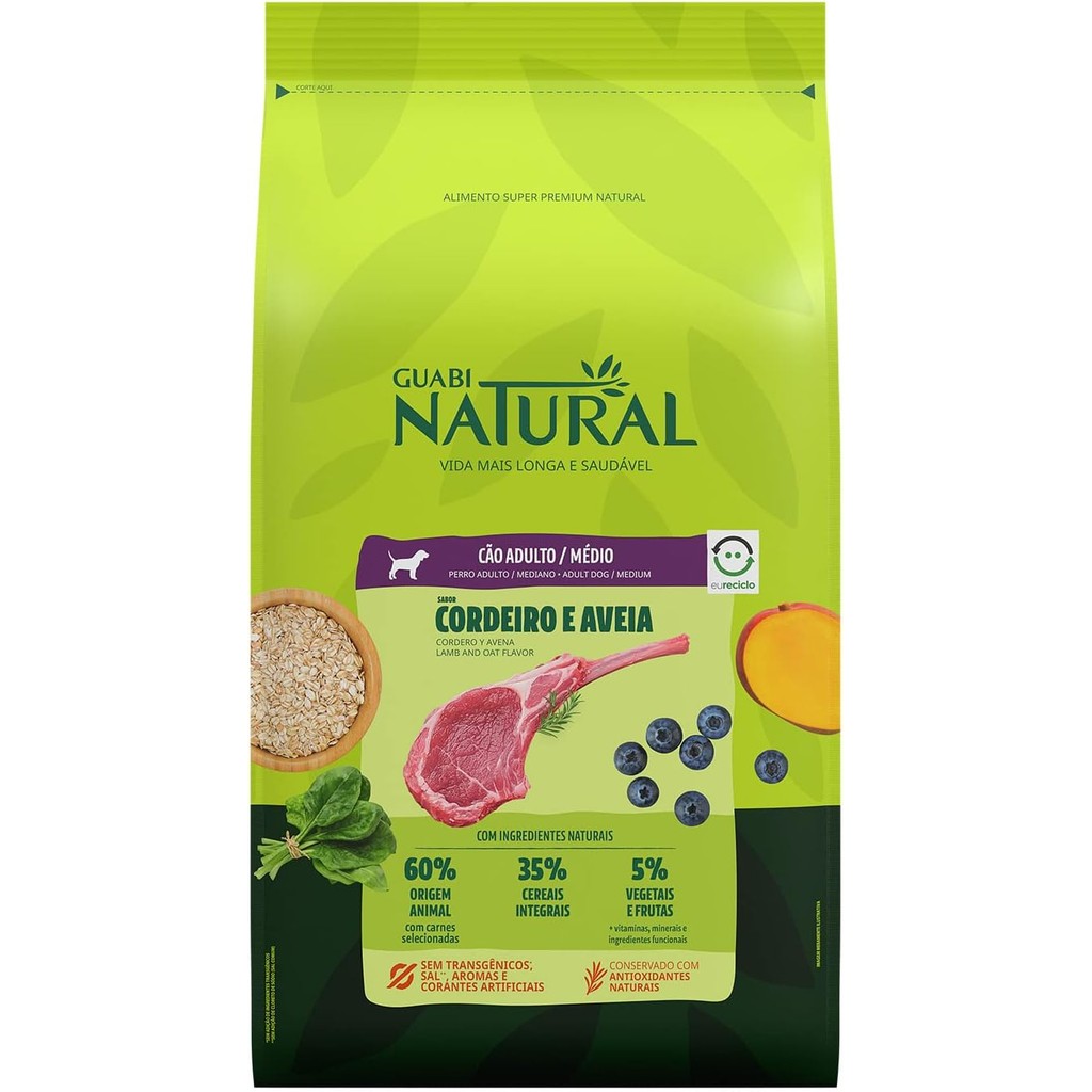 Ração Guabi Natural Caes Adultos de Porte Medio Sabor Cordeiro e Aveia 12kg