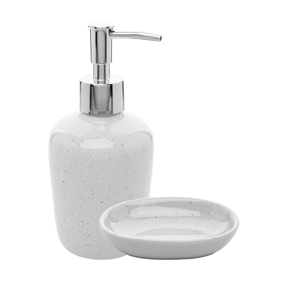 Kit para Banheiro Dots Cerâmica Branco Wolff 2 Peças Porta Sabonete Saboneteira Lavabo Organização Elegante Prática Casa