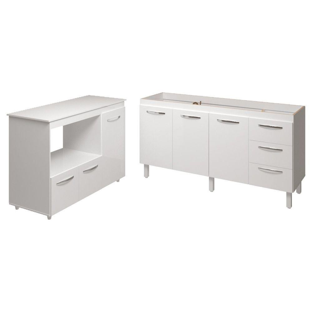 Balcão Cozinha Armário Gabinete De Pia 150 Cm Deise E Balcão Lilian Para Microondas E Forno Elétrico Branco
