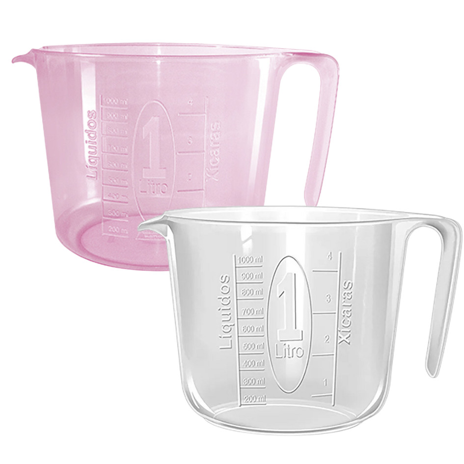 Jarra Medidora Em Plástico 1L Multiuso Dosadora Cristal Ou Rosa Culinária Dona Cotta