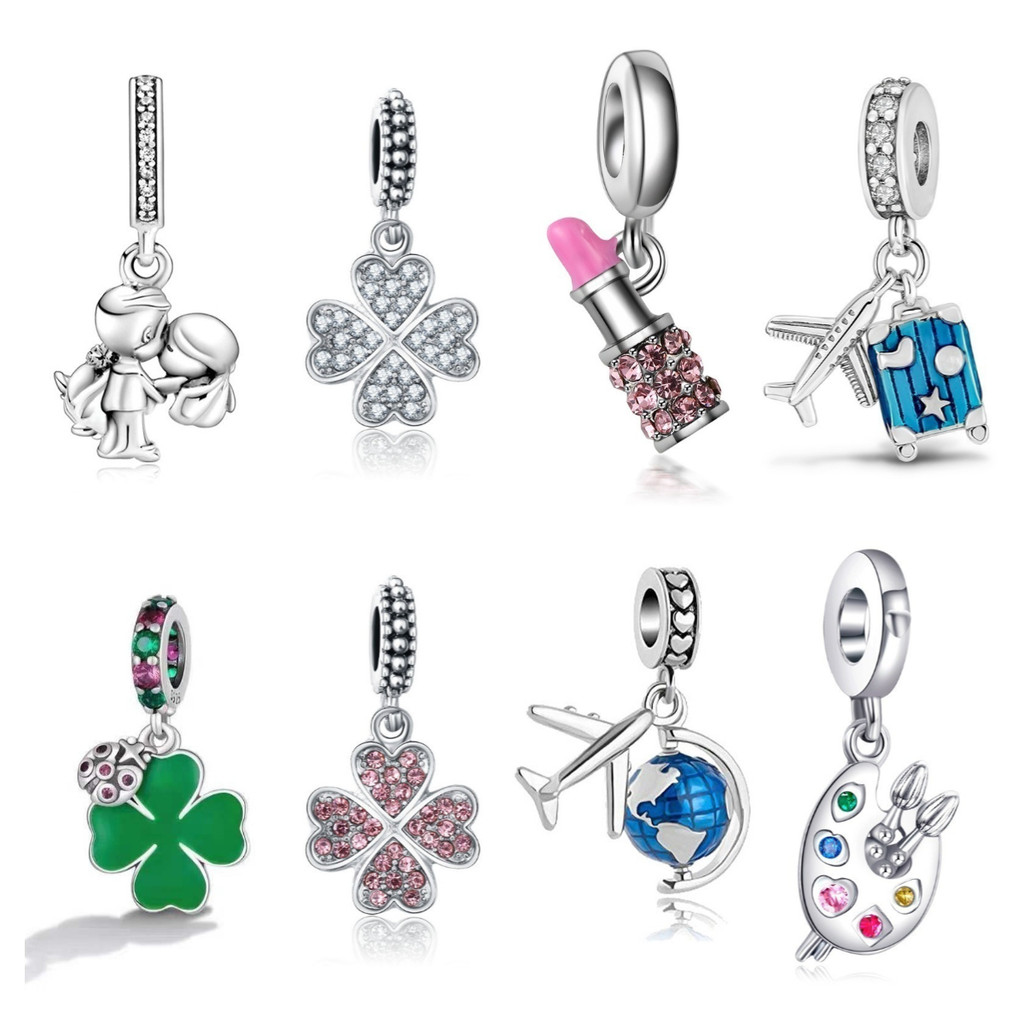 Berloque Amuletos De Prata 925 Trevo Tartaruga Marinha Cereja Acessórios Bracelete Contas Amantes Diamante Inlaid