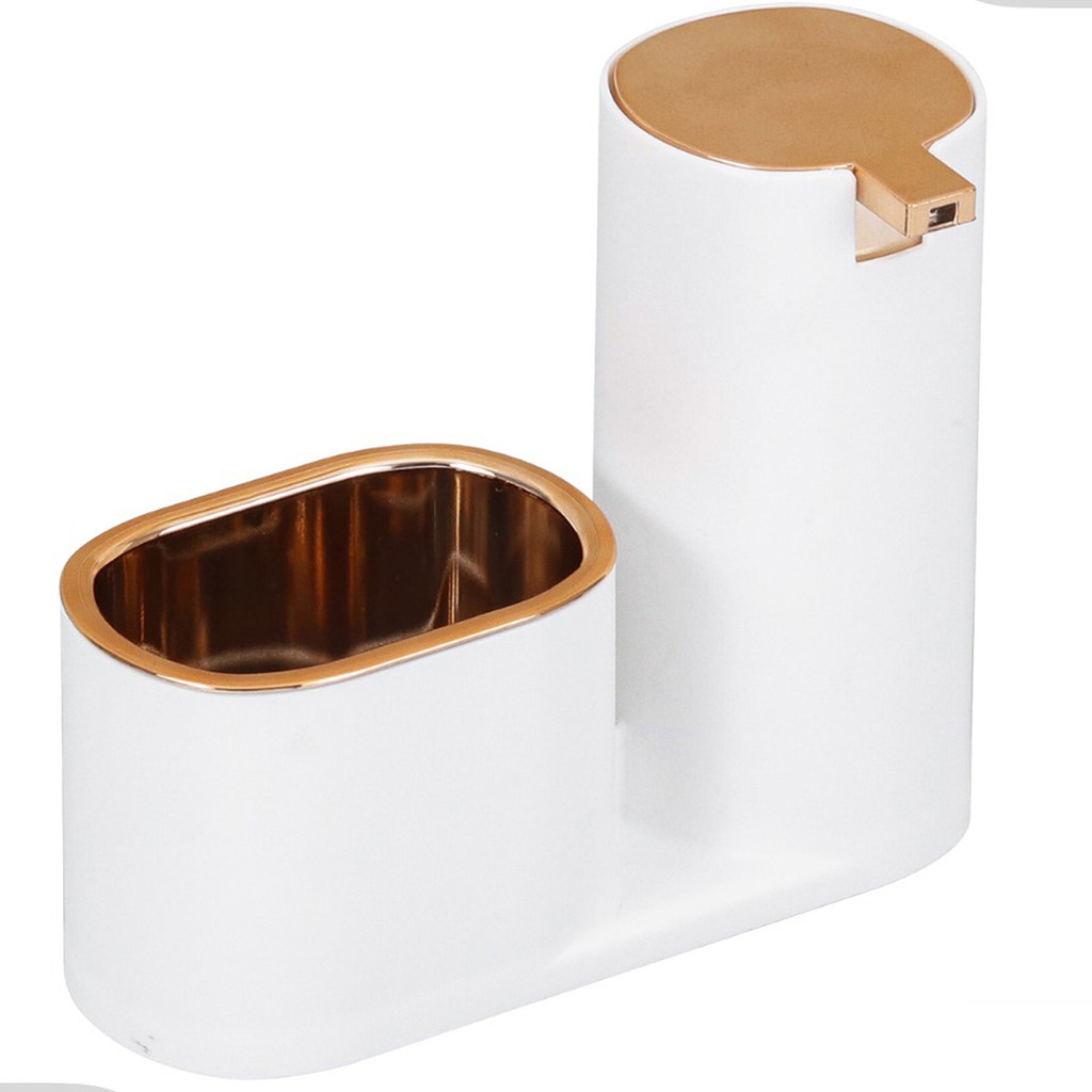 Dispenser Detergente Pia Cozinha Com Porta Bucha Acoplado 350ml Branco Rose Gold Arthi