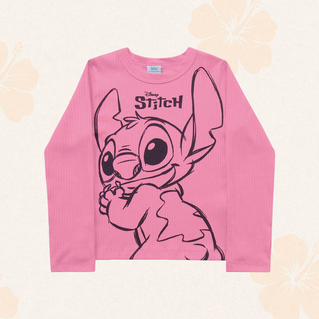 Blusa Lilo Stitch Fleece Ribana Canelada Rosa Off White Manga longa Frio Infantil Tam 4 ao 10 Menina Inverno Fakini