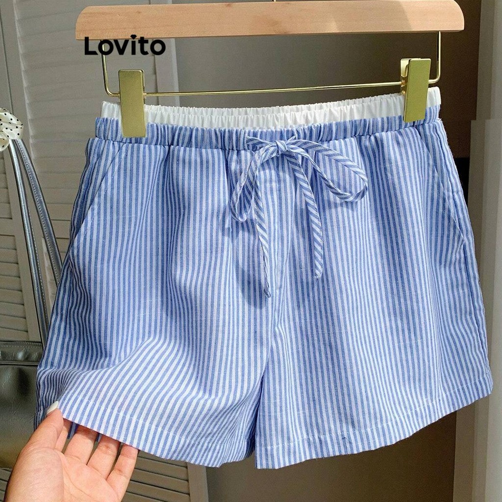 Lovito Shorts Casuais Com Costura De Tecido Listrado Para Mulheres LBL19096 - Women Clothes