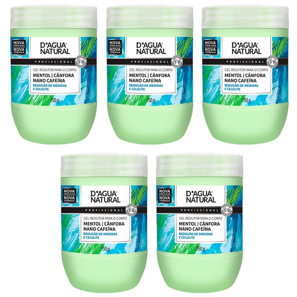Kit 5 Potes Gel Redutor Dagua Natural Mentol Cânfora Nano Cafeína 750g Redução de Medidas Celulite