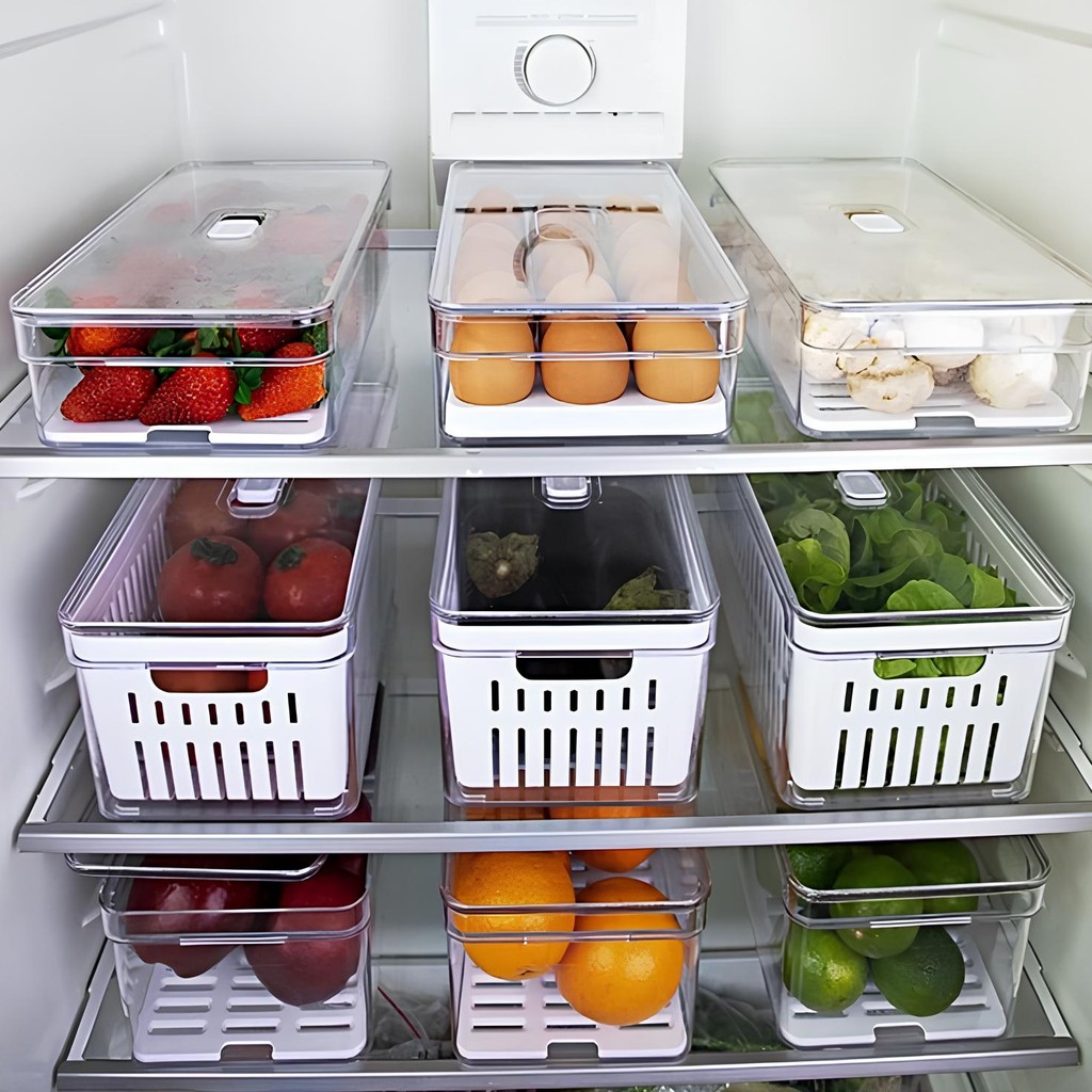 Organizador de Geladeira em Acrílico Potes com Cesta e Tampa Multiuso - Frutas ,Verduras,Vegetais,Legumes, Temperos
