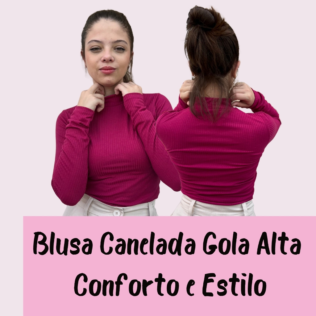 Blusinha Blusa Manga Comprida Gola Alta Canelada Moda Casual 008-C14