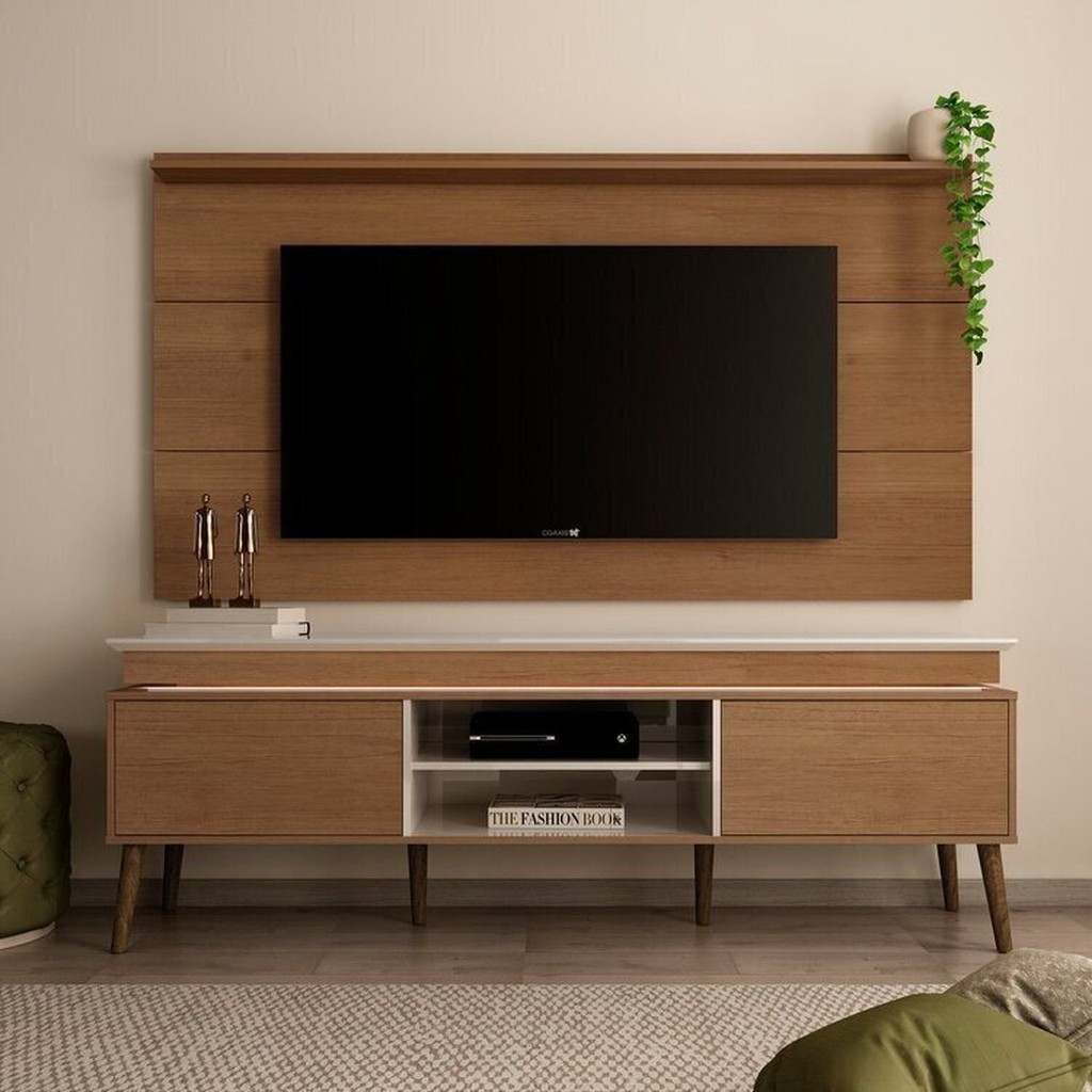 Rack com Painel para Tv até 60 Polegadas 164cmx180cm em Madeira Maciç Marrom Cinamomo/Off White Cinamomo/Off White