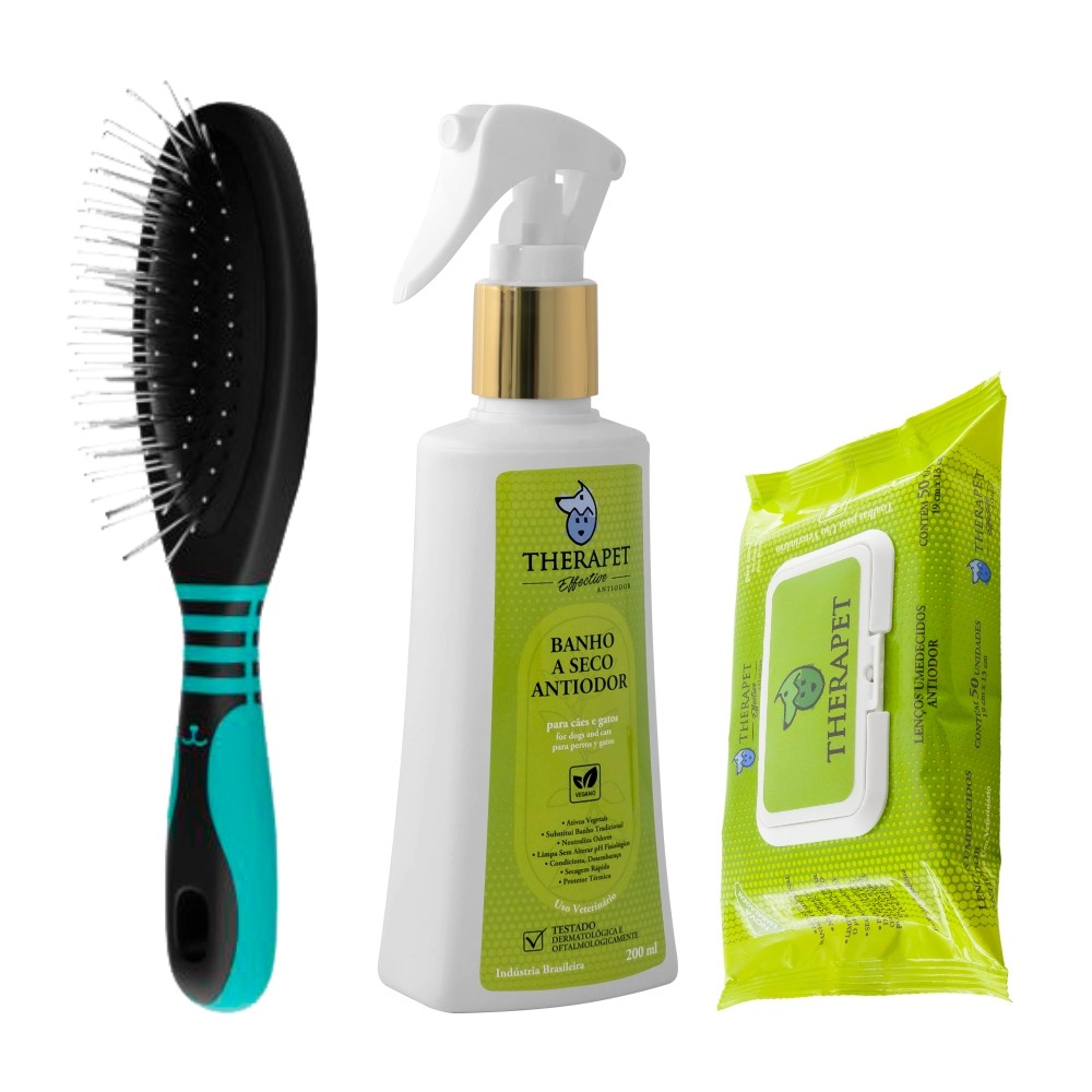 Kit Banho Seco Antiodor 200ml + Lenço Umedecido Therapet + Escova Média Propetz Cães Gatos Original