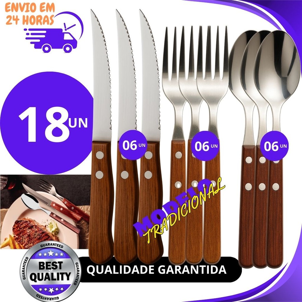 Jogo 18 ou 09Un Peças Talher de Mesa Garfo Faca e Colher Cabo Madeira em Aço Inox Restaurante Jantar