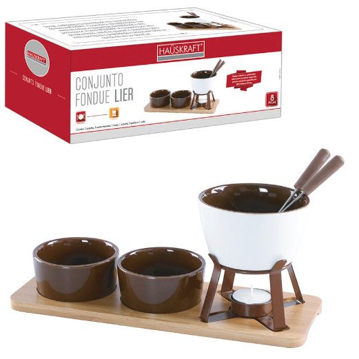 Conjunto Aparelho Fondue Cerâmica 300ml Base Em Bambu 8 peças