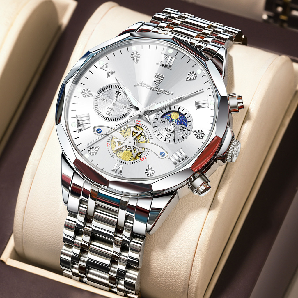 Relógio POEDAGAR , Mecânico Automático De Luxo , Com Turbilhão Oco E Masculino Multifuncional De Aço Inoxidável Luminoso