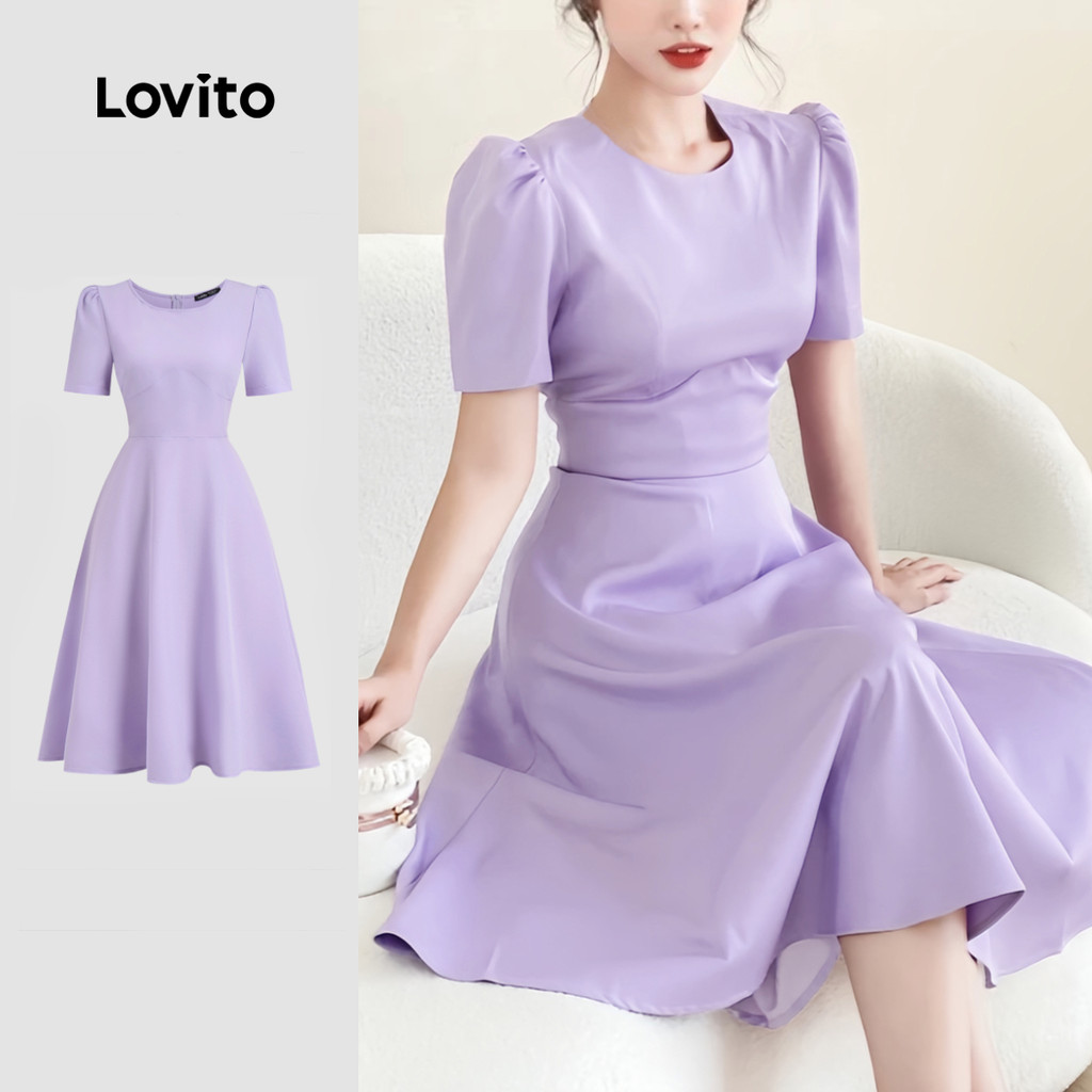 Lovito Vestido Casual liso plissado para mulheres L131ED085 - Women Clothes