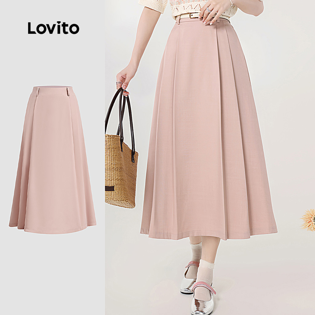 Lovito Saia drapeada plissada lisa Casual para mulheres L132AD1028 - Women Clothes