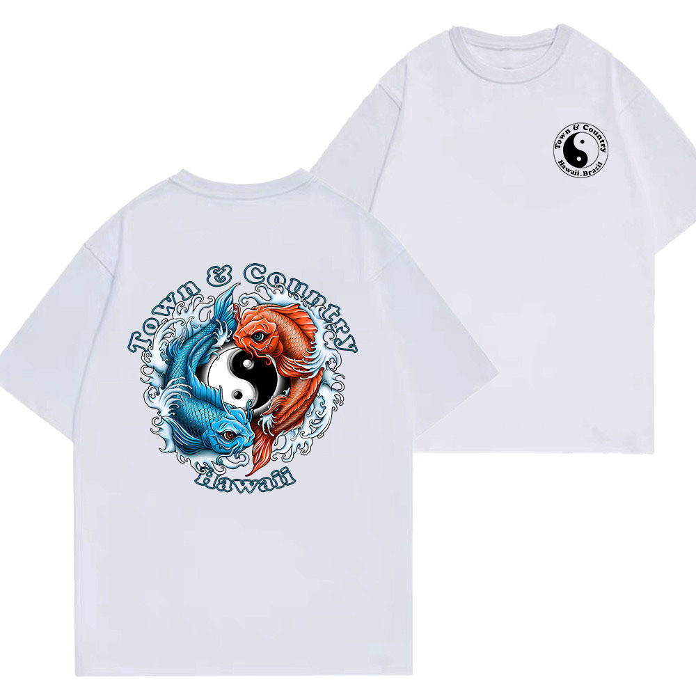 Camiseta Oversized "Yin Yang Koi" | Estilo Hawaii Town & Country | Unissex 100% Algodão Trendy Black