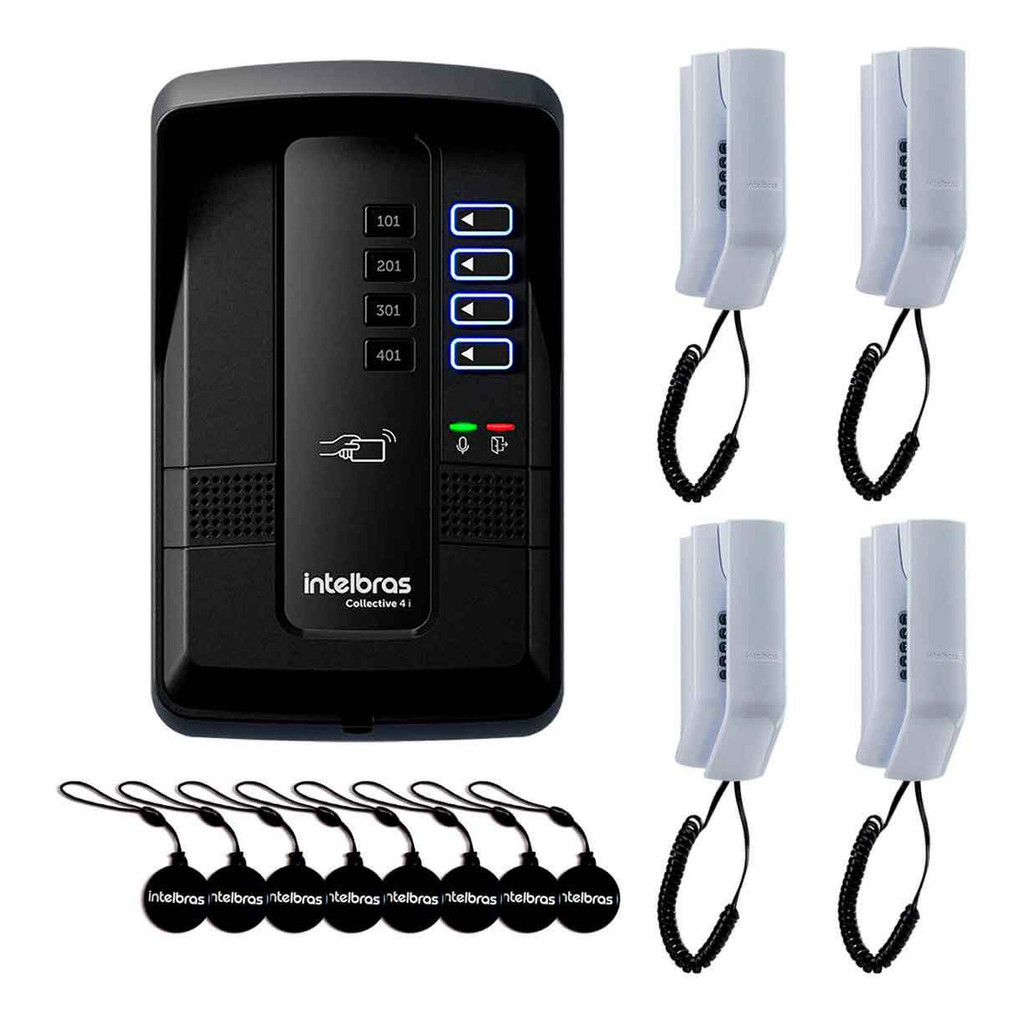 Kit Porteiro Eletrônico Coletivo Collective 4i Intelbras 4 Ramais Interfone Interno 4 U Cartão de Proximidade 8 Unidades