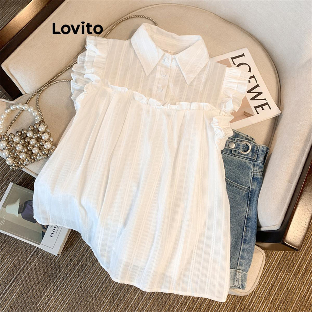 Lovito Blusa Casual Com Costura Em Tecido Liso E Acabamento Em Alface Para Mulheres LNE40563 (Multicolorido) - Women Clothes