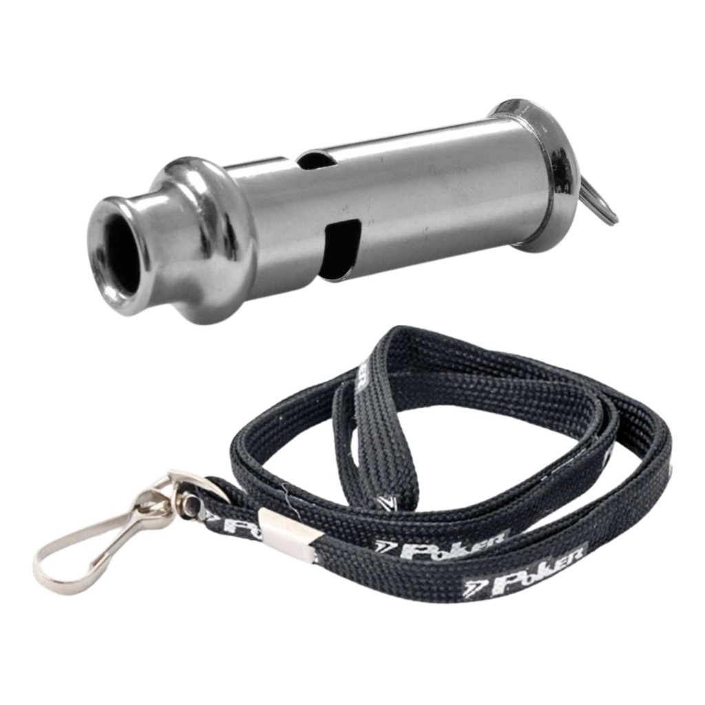 Apito Metálico Profissional Mesário Futebol Futsal C/ Cordão Poker