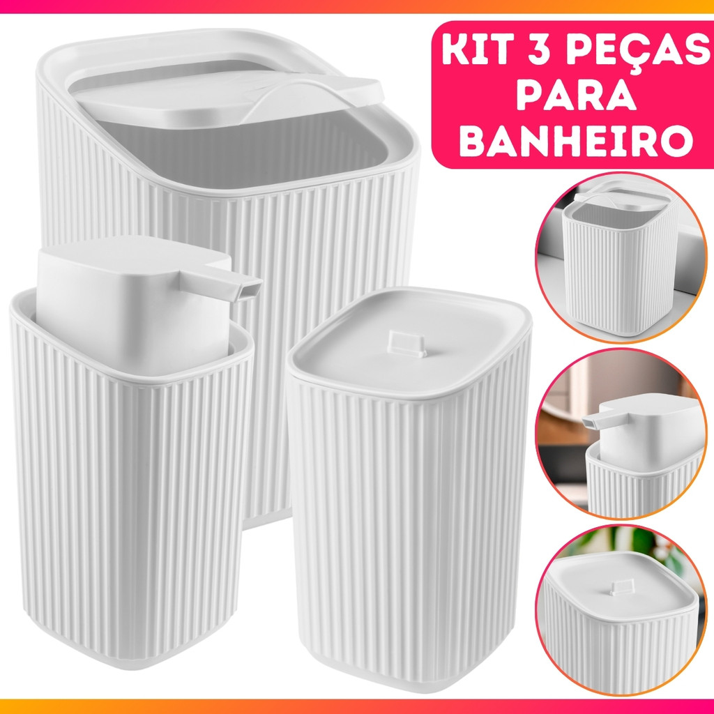 Kit para Banheiro Plástico Porta Sabonete Algodão Lixeira Conjunto Lavabo