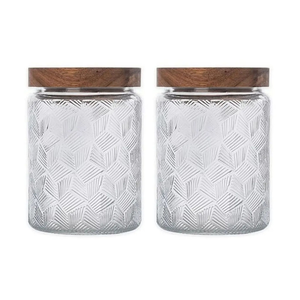 Kit 2 Pote De Vidro Baleiro 750ml Redondo Hermético Tampa Acácia Madeira Rústico Elegante Versátil