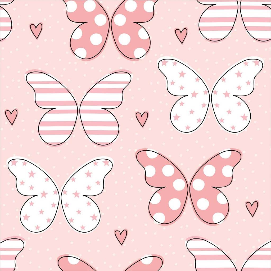 Papel de Parede Decorativo Baby Geométrico Borboletas Rosas com Listras e Bolinhas 3,00m