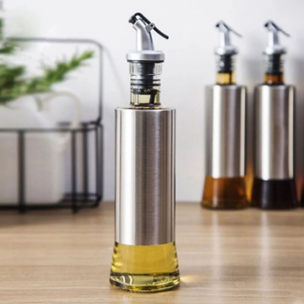 Galheteiro Garrafa de Vidro 200ml com Bico Dosador Azeite Vinagre Oleo Shoyu Aço Inox