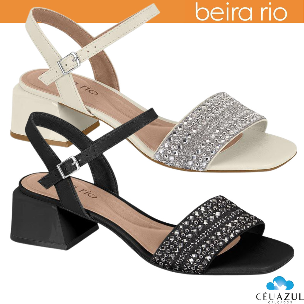Sandália  Feminina Beira Rio Salto Baixo Bloco Grosso Quadrada Strass Brilho em Oferta na Shopee