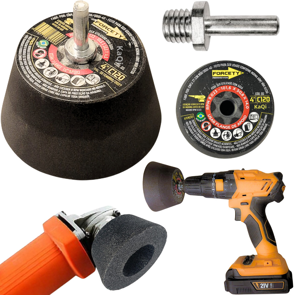 1 Rebolo Copo Cônico 4 Polegadas Grão 120 Rosca M14 Forcety + 1 Pino Adaptador KaQi