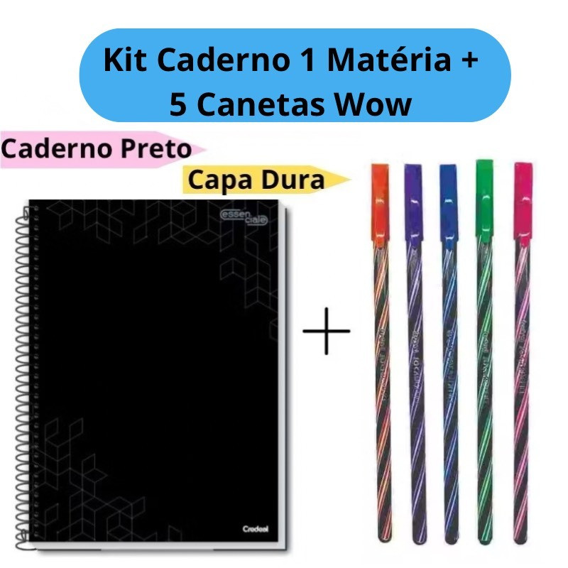 Kit Caderno Universitário 1 Matéria + 5 Canetas Wow Coloridas Fundo Escuro 0.7mm Caderno Capa Dura Preto Escolar em Oferta na Shopee