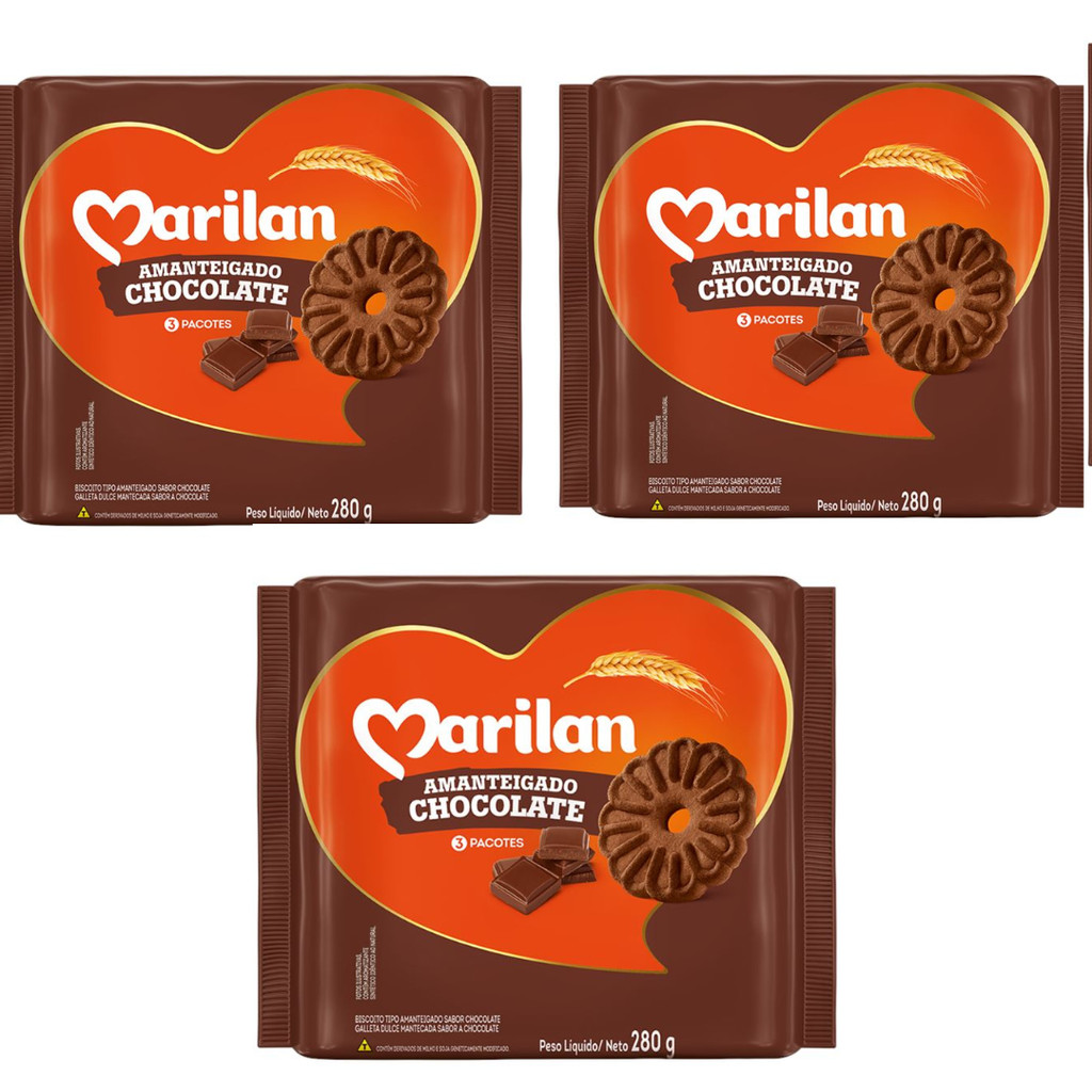 Kit 3 Pacotes Biscoito Amanteigado Marilan Chocolate Pacote com 280g em Oferta na Shopee
