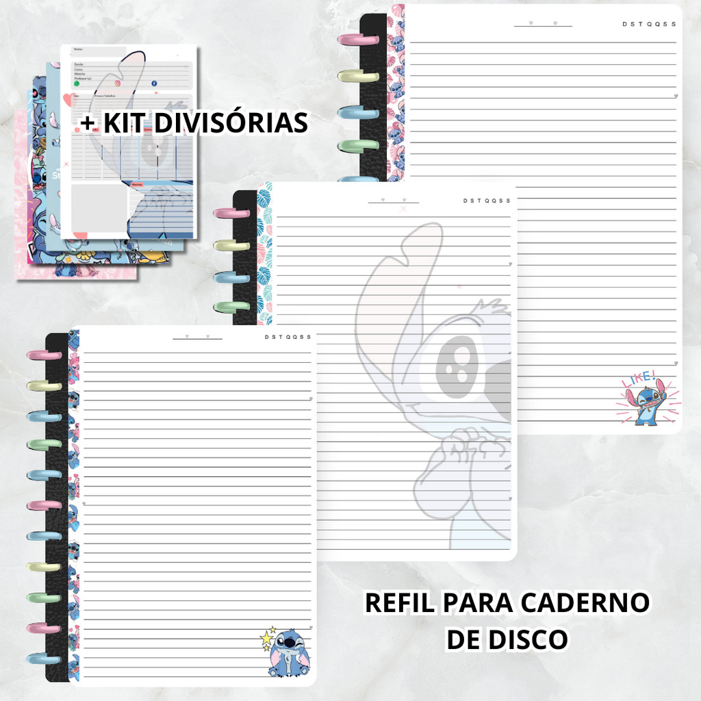 REFIL COLORIDO CADERNO DE DISCO INTELIGENTE STITCH 50 FOLHAS