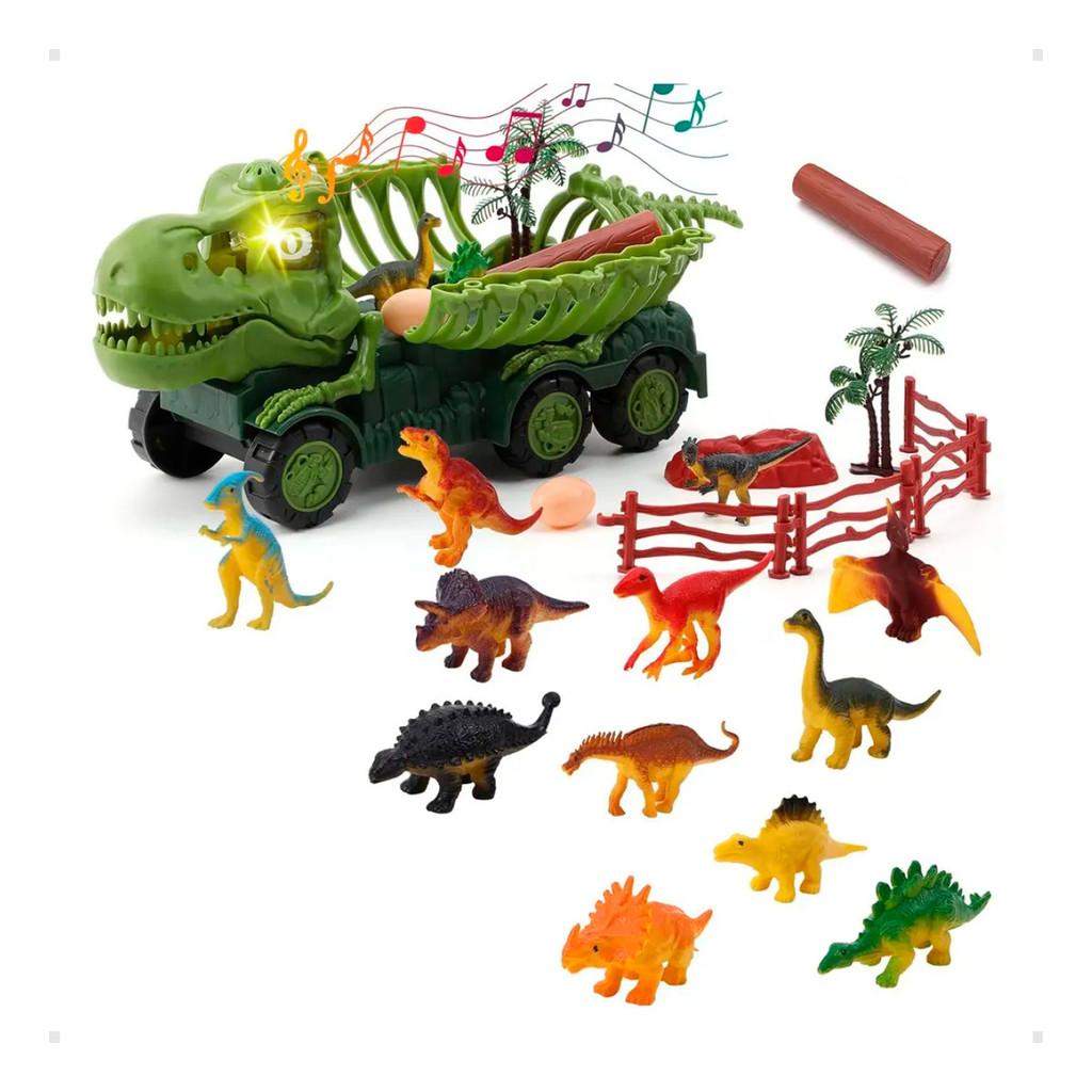 Caminhão Dinossauro Elétrico Transporte Super DinoCar Brinquedo Som Luz LED Carrinho Com Acessórios
