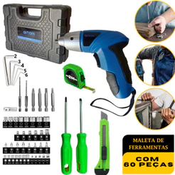 Kit Maleta de Ferramentas Com 60 Peças Com Parafusadeira Recarregável