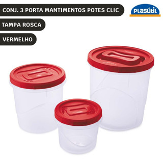 Conjunto 3 peças Porta Mantimentos Clic Pote Rosca Vermelho Plasútil em Oferta na Shopee