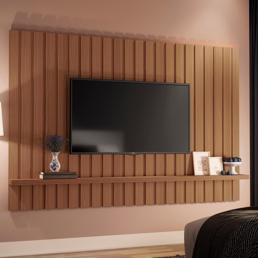 Painel TV 70 Pol 200cm Suspenso Ripado Link Castanho - HB Móveis