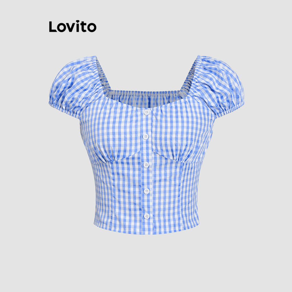 Lovito Blusa Elegante Xadrez Com Botão Frontal Para Mulheres L118ED342 - Women Clothes