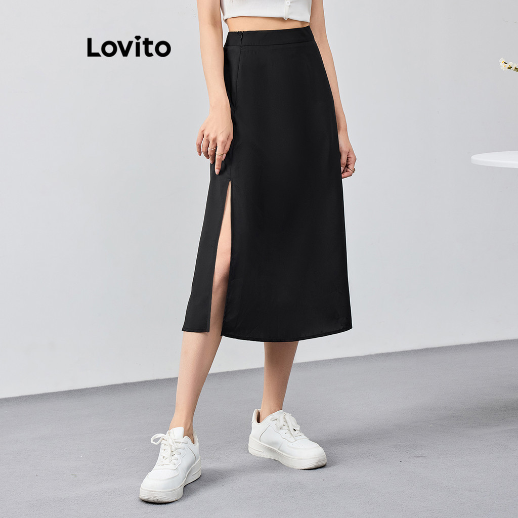 Lovito Saia casual lisa com fenda frontal para mulheres L116MD175 - Women Clothes